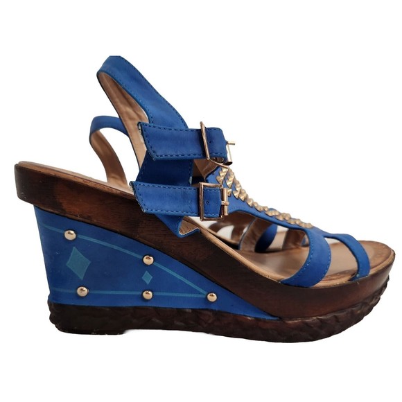 CR COLLECTION Blue Wedge Sandals Gold Studs US Women's Size 9.5 EU Size 40 - Picture 2 of 6
